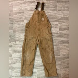 CARHARTT MENS BIB OVERALLS TAN SIZE 38”x32 SNAP BUTTON USED WORN WORKWEAR